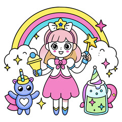 Magical Girl with Unicorns A magical girl with a star wand, holding a rainbow drink, surrounded by unicorns and fairies