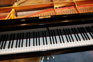 The image features a close-up view of a grand piano's open lid showcasing its black and white keys, strings, and interior mechanism.
