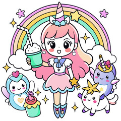 Magical Girl with Unicorns A magical girl with a star wand, holding a rainbow drink, surrounded by unicorns and fairies