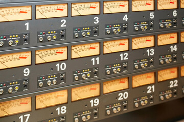 A close-up of an industrial control panel with numbered gauges, dials, and indicator lights.