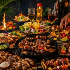 Delicious barbecue feast with skewers, grilled vegetables, and assorted side dishes, perfect for summer gatherings and outdoor parties.