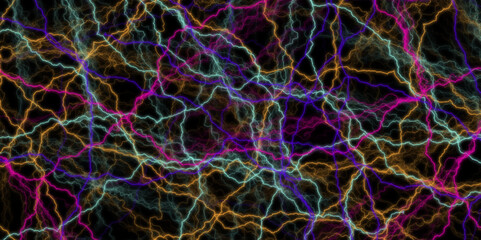 Lightning flash on black background. lightning in the night sky. Multicolor neon lightning bolt on plain black background from Generative. Powerful lightning bolt striking through ominous dark sky. 