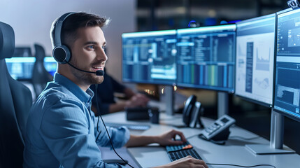 Call center representative in a modern studio, wearing a headset and speaking into a microphone, surrounded by computer screens displaying customer service interfaces.