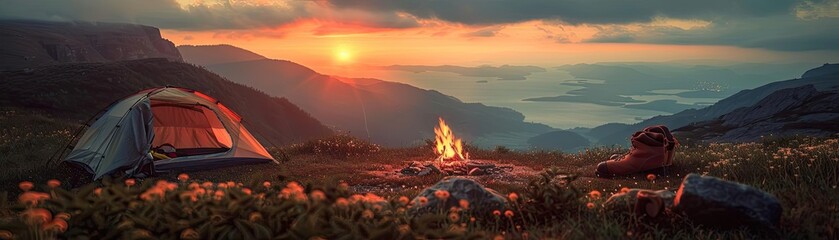 Scenic mountain campsite with a cozy tent and campfire at sunset, overlooking breathtaking valley and peaks. Perfect outdoor adventure setup.