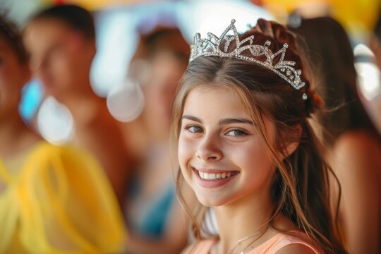 A long hair European girl in a white party dress with a crown on her head is smiling with an adorable face that is full of happiness and friendly.
