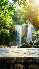 mockup, a natural stone podium in a sunny forest, against the background of a forest waterfall