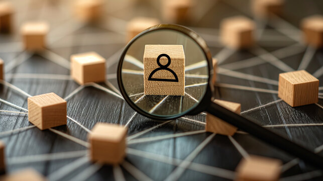 Through the lens of a magnifying glass, the manager icon on a wooden block is examined, surrounded by connection links indicating organization structure, illustrating HR human reso