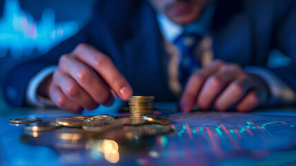 In a strategic analysis session, a businessman examines a financial growth graph with keen focus, while money coins lay scattered around, illustrating the path to financial profit