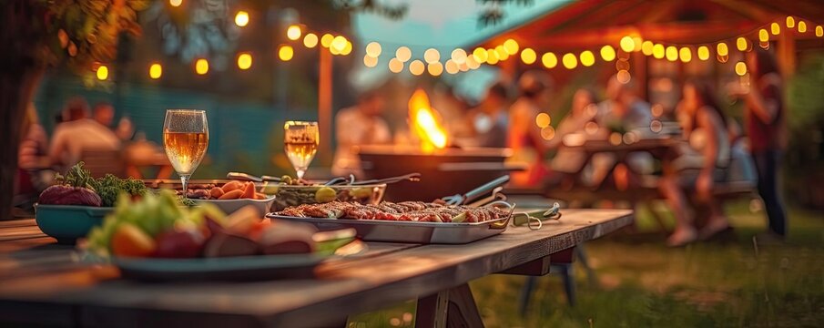 Outdoor evening gathering with friends and food, lit by string lights. Cozy setting perfect for a social barbecue or festive celebration.