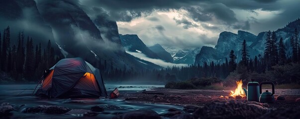 A serene campsite at night with a tent, campfire, and dramatic mountains under a moody sky. Perfect outdoor adventure scene.