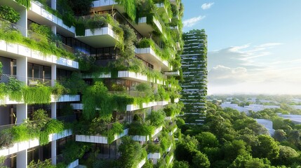 A concept of a sustainable living complex with vertical gardens covering the building exteriors, enhancing air quality and building aesthetics.