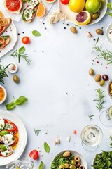 Modern mediterranean food menu template with an array of fresh ingredients and dishes on a sleek backdrop