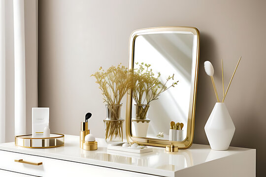bedroom beige dressing cream vanity twig gold storage luxury glass table sunlight modern vase minimal wall beauty drawer cosmetic Empty mirror handle