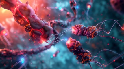 Nanobots performing tissue repair, shown at a cellular level, where they assist in the regeneration of muscle fibers and connective tissue.