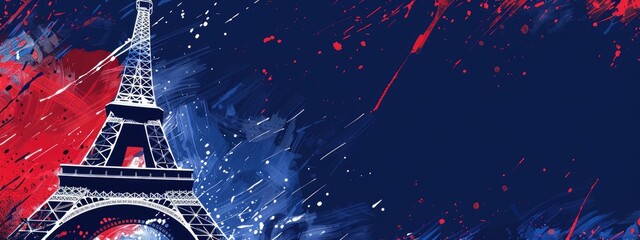 banner in blue white red colors with elements of the Eiffel Tower with background and copy space 