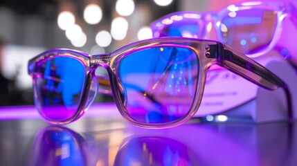 Nano-coated eyeglasses that automatically adjust to lighting conditions, depicted in a retail setting, highlighting the transition from clear to tinted based on UV exposure.