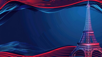 banner in blue, white and red colors with elements of the Eiffel Tower with background and copy space