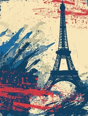 illustration in blue, white and red colors with elements of the Eiffel Tower with background and copy space