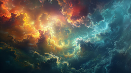A stunning cloudscape with vibrant colors and dramatic lighting, showcasing a mixture of fiery oranges and cool blues.