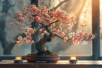 A bonsai cherry tree in spring bloom, bathed in ethereal morning light, sits gracefully on a wooden table adorned with softly glowing candles, near a window that filters the delicate rays of dawn.