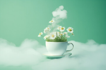 A cup of tea, from which a bouquet of chamomile flowers flourishes, evokes a dreamlike, misty ambiance against a green backdrop, symbolizing tranquility and the soothing power of nature on the psyche.