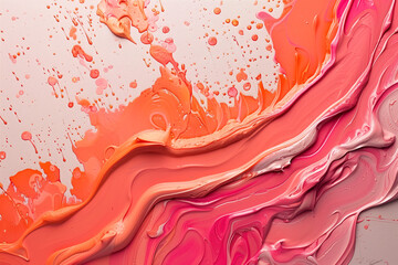 Vivid hues of orange, pink, and red acrylic paint cascade in captivating layers across an empty canvas, capturing the mesmerizing essence of the creative process in motion.