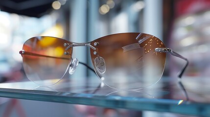 Nano-coated eyeglasses that automatically adjust to lighting conditions, depicted in a retail setting, highlighting the transition from clear to tinted based on UV exposure.