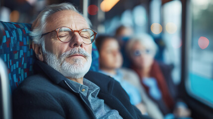 Elderly tired man with glasses sleeping on bus with other passengers. Peaceful and relaxed atmosphere
