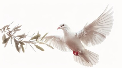 Dove flying with an olive branch in its beak, isolated white background, high detail, symbol of peace and harmony