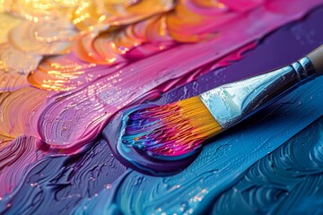 Obraz premium Artist's palette and brushes resting on the table, as a brush meticulously applies vibrant rainbow watercolor onto a canvas, each stroke a testament to the artist's skill and creativity