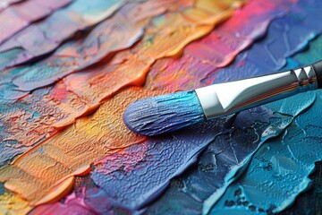 Obraz premium Artist's palette and brushes resting on the table, as a brush meticulously applies vibrant rainbow watercolor onto a canvas, each stroke a testament to the artist's skill and creativity