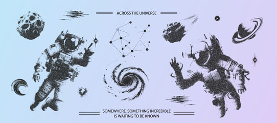 Trendy grunge texture cosmo universe set with a retro halftone grain effect. Dotted stipplism photocopy texture. Y2k vintage elements for design astronaut, meteor, galactic, planet, asteroid, galaxy