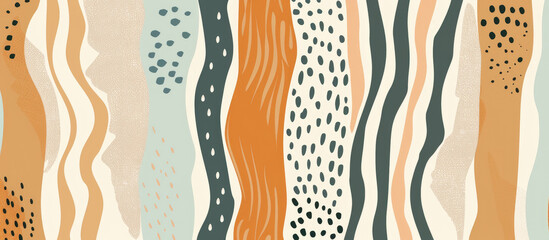 Abstract seamless pattern with hand drawn wavy lines and dots in peach, brown, green, beige and terracotta colors