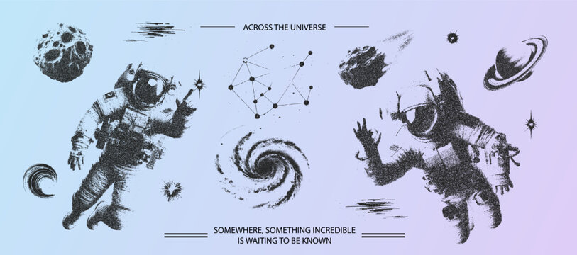 Trendy grunge texture cosmo universe set with a retro halftone grain effect. Dotted stipplism photocopy texture. Y2k vintage elements for design astronaut, meteor, galactic, planet, asteroid, galaxy