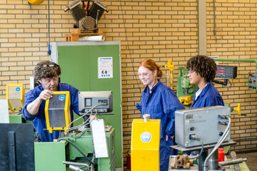 Three individuals in blue work coveralls are focused on a task in an industrial workshop setting with machinery.