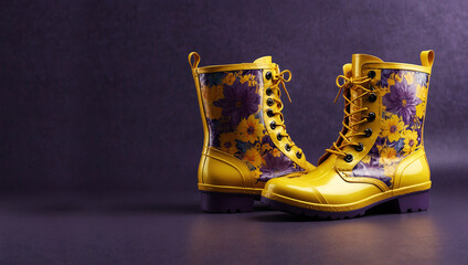 jolly yellow rain boots with floral decorations over purple background with copy space, photorealistic basckground of fashion concept