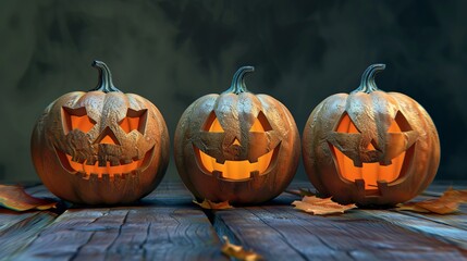 Halloween pumpkin on the table. Lighting up different pumpkins with different evil faces in the dark on Halloween night.