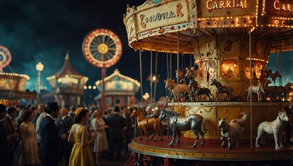  a steampunk-themed carnival with a large carousel in the center and many people walking around.