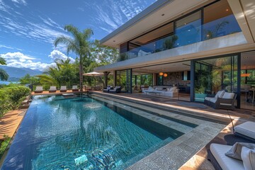 Luxurious modern home with private pool, outdoor seating, and palm trees creating a serene and upscale residential retreat