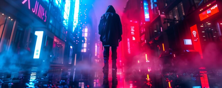 Cyberpunk hacker in neonlit alley, futuristic city, isolated white background, high detail, edgy atmosphere