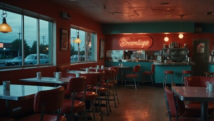 a retro-style diner with green walls and pink and yellow accents. 