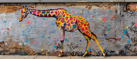 Brightly colored giraffe street art stands out on a partly whitewashed brick wall with tagging elements