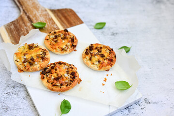 Mini american burger pizza with  onion .American finger food 
