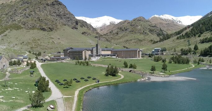 Drone view mountain resort in Catalan in Vall de Nuria. Spain, Barcelona, Girona. Cogwheel train and railway with tunnel