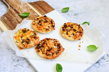 Mini american burger pizza with  onion .American finger food 
