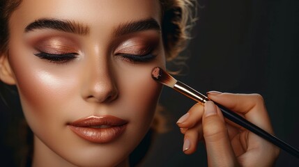 Fototapeta premium Close-up of a makeup artist applying a light layer of mattifying powder using a professional makeup brush.