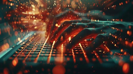 Close-up of hands typing on a laptop keyboard with glowing data streams, representing technology, coding, and cybersecurity.