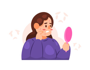 Illustration of a woman who is sad and uncomfortable because of her acne-prone face. feeling ugly because it has a lot of acne. no confidence. look in the mirror. facial skin problems. Character