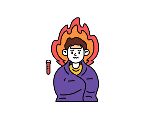Illustration of a man wearing a blanket because of fever. The body temperature is very high. high fever. a man who is sick. health problems. Design character illustrations with outline style. graphic 