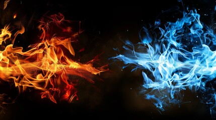A dark background with two flames, one red and the other blue.